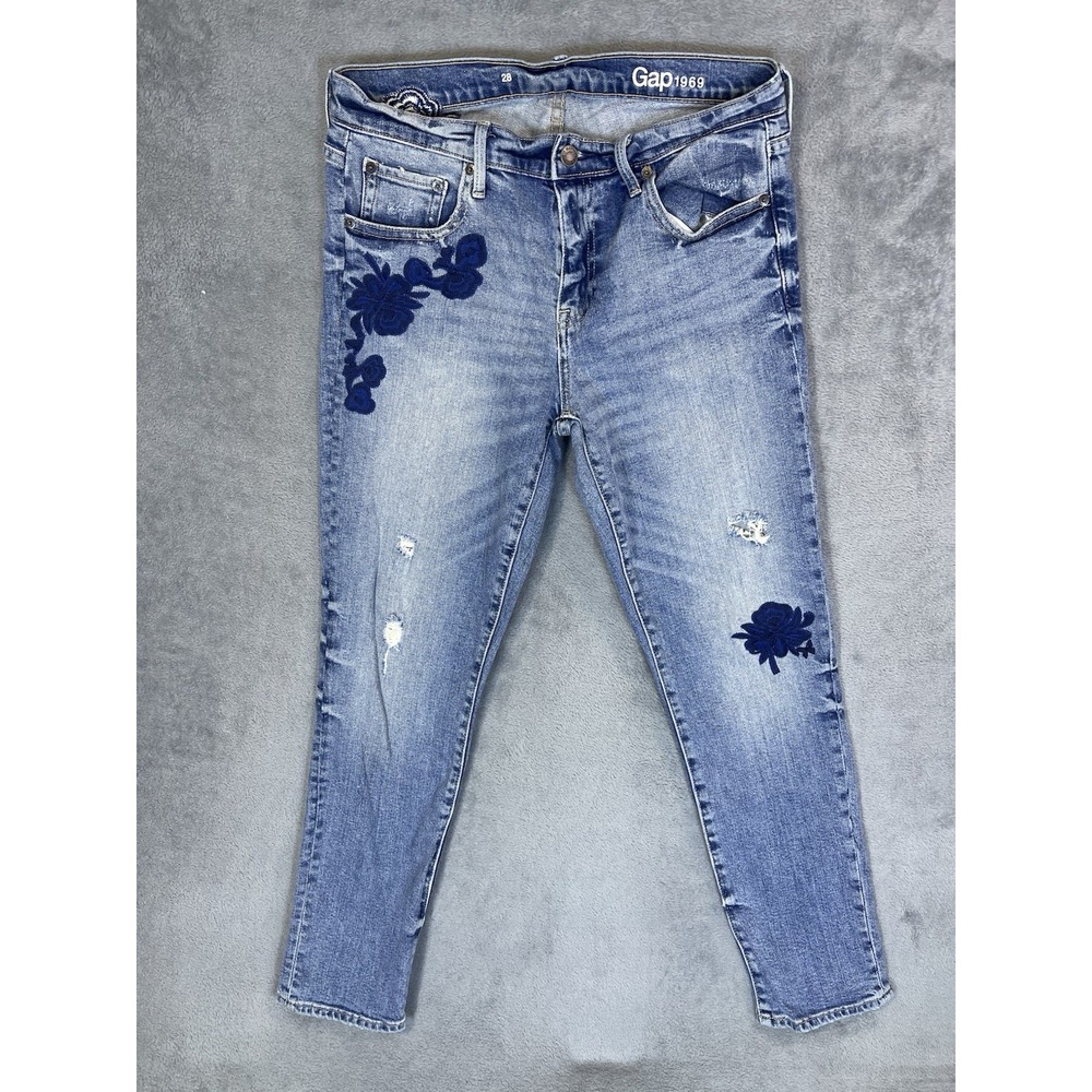 Gap Jeans Womens 28 Blue Light Wash Mid Rise‎ Skinny 1969 Embroidered Flowers